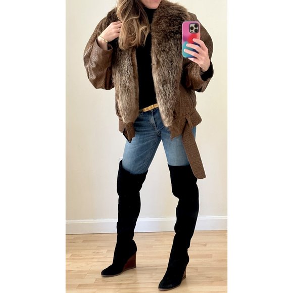 Vintage 1980s Flemington Furs Oversized Leather and Fur Winter Coat - Picture 9 of 12